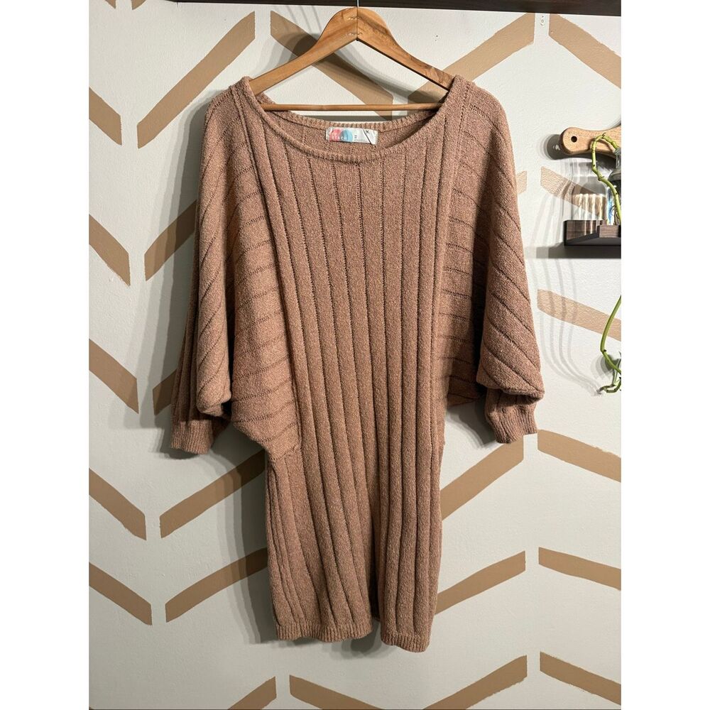 Free People FP Beach Brown Rib Knit Batwing Sleeve Tunic Mini Sweater Dress XS‎